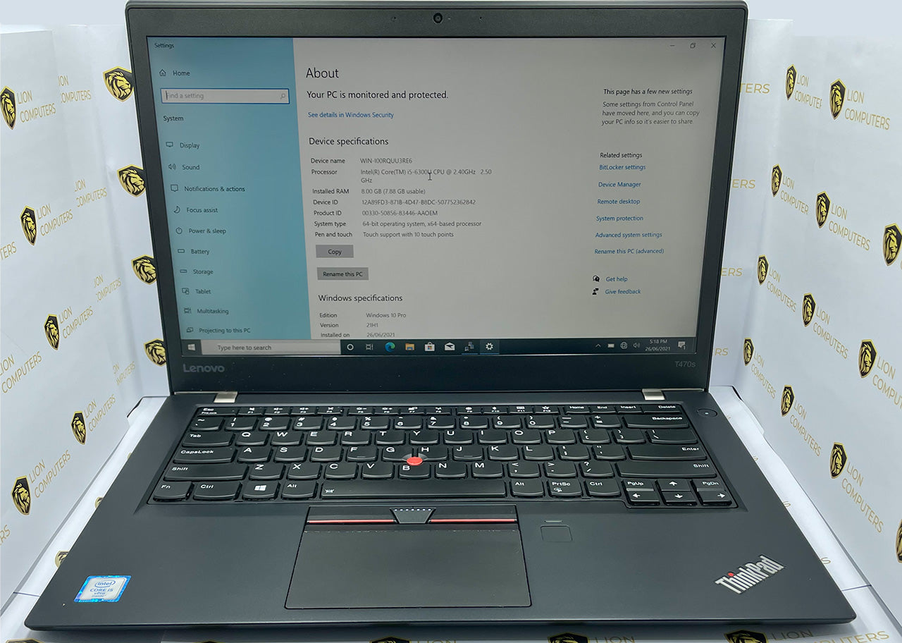 Lenovo ThinkPad T470s - 14" FHD Touchscreen, Core i5-6300U, 8Gb RAM, 256Gb SSD, Windows 10 Pro - Lion Computers